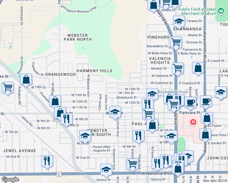 map of restaurants, bars, coffee shops, grocery stores, and more near 807 W 13th St in Lakeland