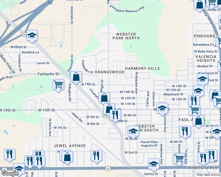 map of restaurants, bars, coffee shops, grocery stores, and more near 1529 Providence Road in Lakeland