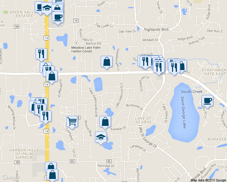map of restaurants, bars, coffee shops, grocery stores, and more near 2981 Tangerine Terrace in Palm Harbor