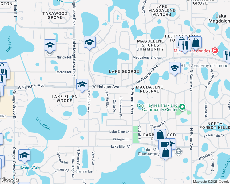 map of restaurants, bars, coffee shops, grocery stores, and more near 2703 Greenmoor Place in Tampa