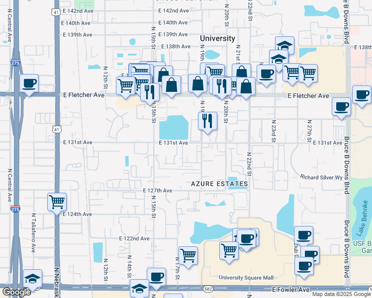 map of restaurants, bars, coffee shops, grocery stores, and more near 12750 North Elmer Street in Tampa
