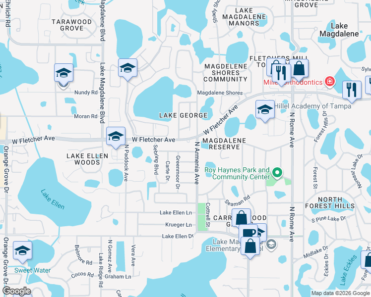 map of restaurants, bars, coffee shops, grocery stores, and more near 2507 Greenmoor Place in Tampa