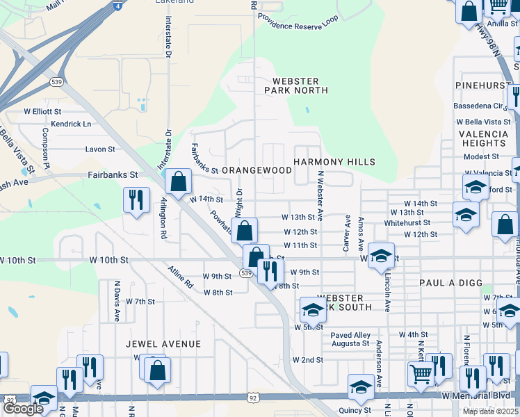 map of restaurants, bars, coffee shops, grocery stores, and more near 1529 Providence Road in Lakeland