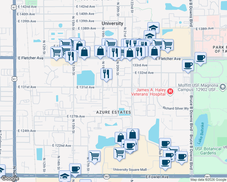 map of restaurants, bars, coffee shops, grocery stores, and more near 13042 North 20th Street in Tampa