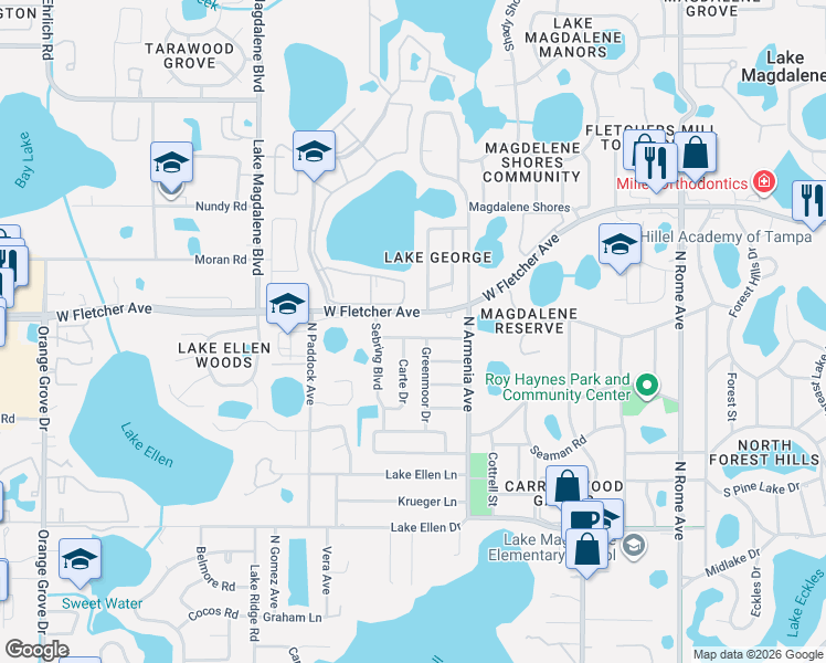 map of restaurants, bars, coffee shops, grocery stores, and more near 2703 Greenmoor Place in Tampa