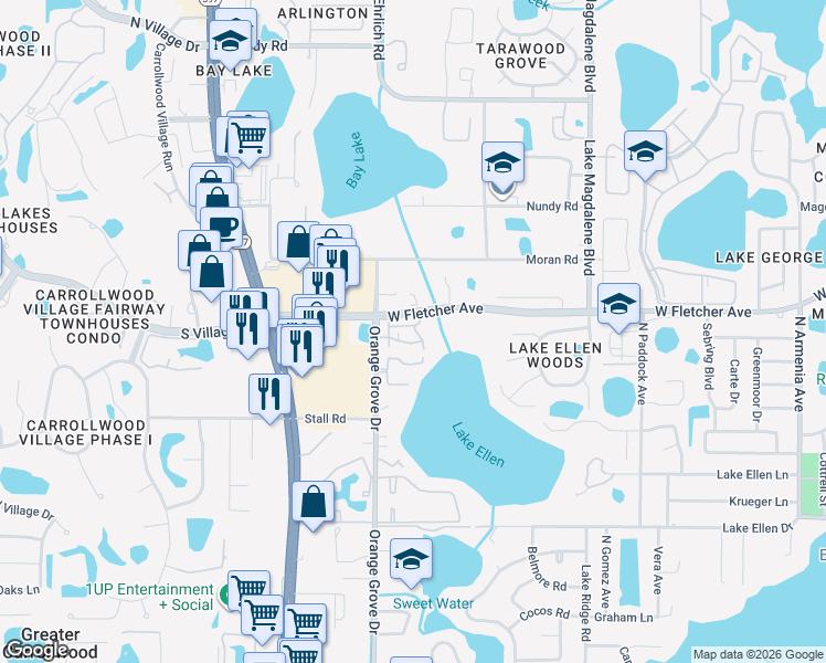 map of restaurants, bars, coffee shops, grocery stores, and more near 13015 Arborview Place in Tampa
