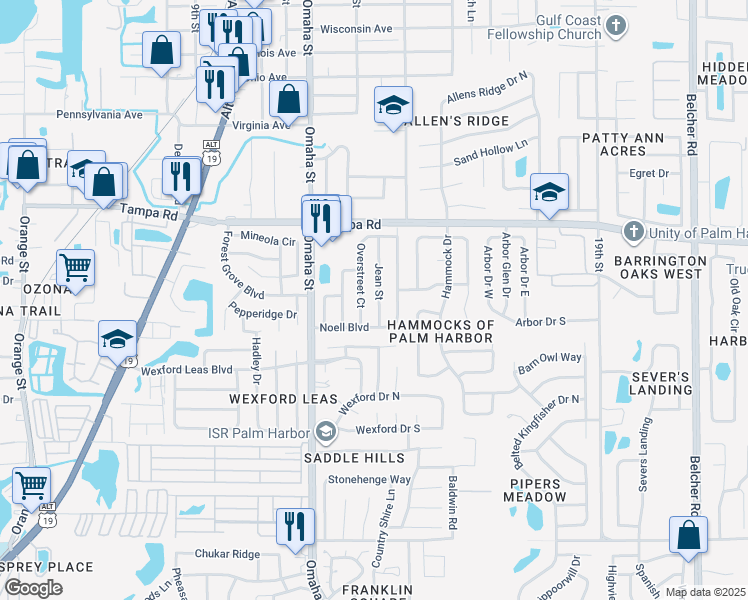 map of restaurants, bars, coffee shops, grocery stores, and more near 303 Jean Street in Palm Harbor