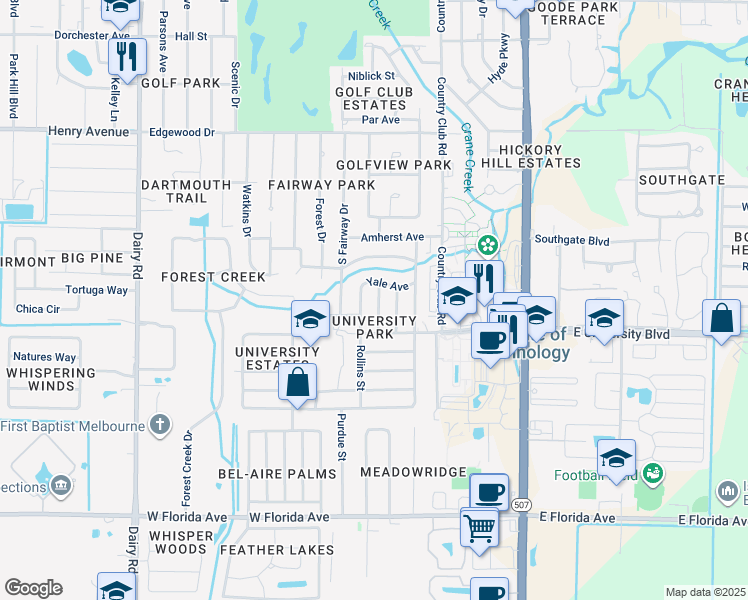 map of restaurants, bars, coffee shops, grocery stores, and more near 2908 Emory Street in Melbourne