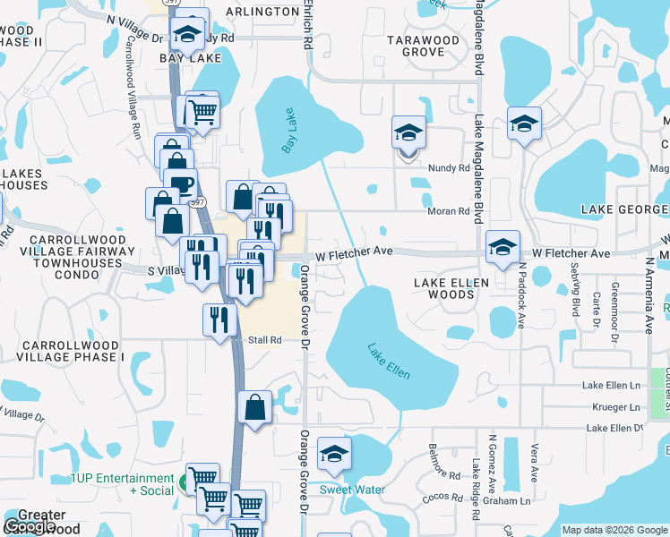 map of restaurants, bars, coffee shops, grocery stores, and more near 13015 Arborview Place in Tampa