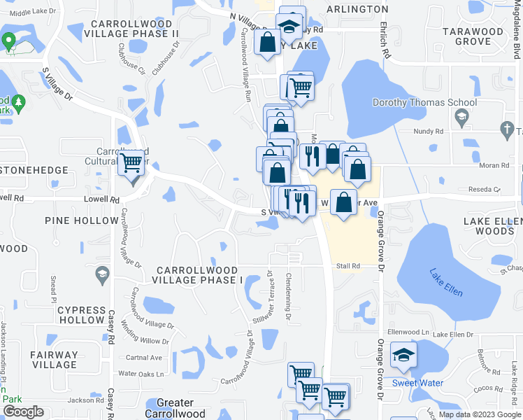 map of restaurants, bars, coffee shops, grocery stores, and more near 7927 South Village Drive in Tampa