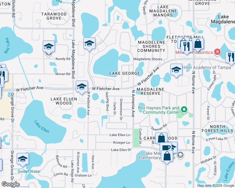 map of restaurants, bars, coffee shops, grocery stores, and more near 2703 Greenmoor Place in Tampa