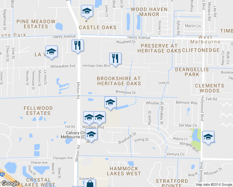 map of restaurants, bars, coffee shops, grocery stores, and more near 2020 Brookshire Circle in West Melbourne
