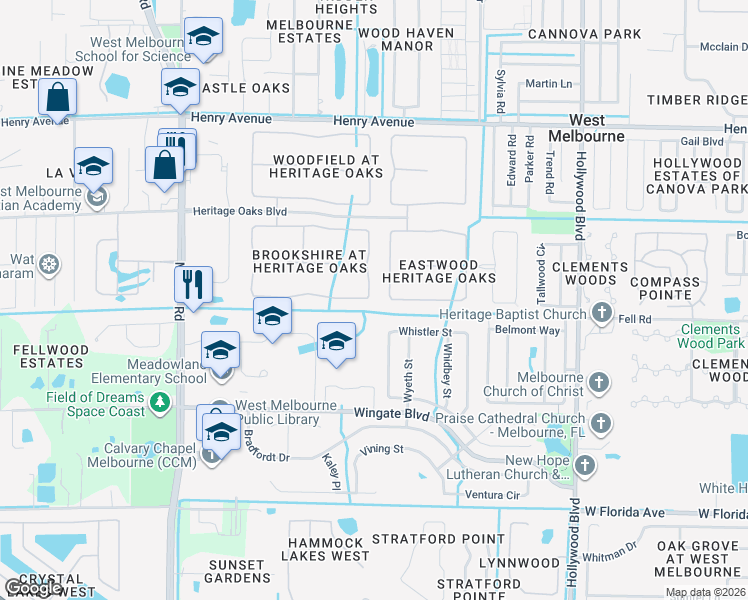 map of restaurants, bars, coffee shops, grocery stores, and more near 2210 Brookshire Circle in West Melbourne