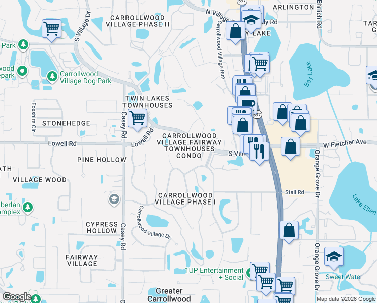 map of restaurants, bars, coffee shops, grocery stores, and more near 4224 Fairway Circle in Tampa