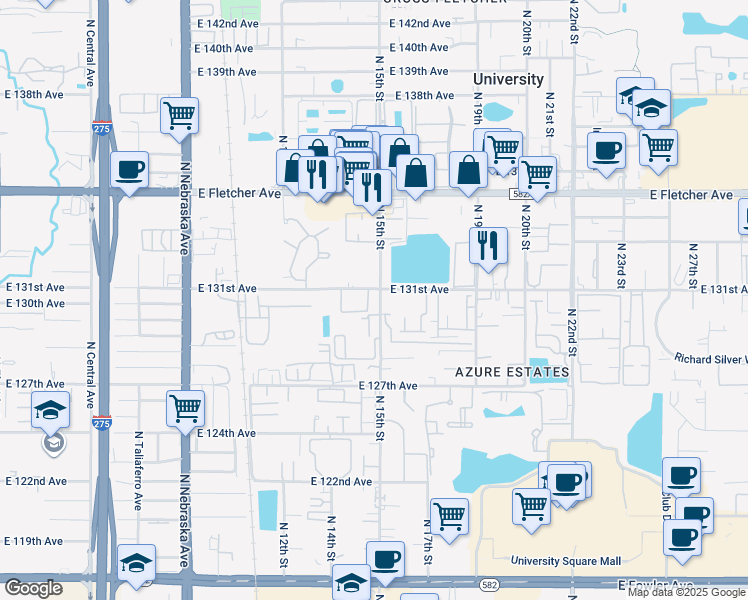 map of restaurants, bars, coffee shops, grocery stores, and more near 1419 East 131st Avenue in Tampa