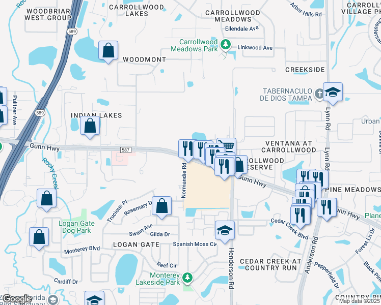 map of restaurants, bars, coffee shops, grocery stores, and more near 6233 Gunn Highway in Tampa