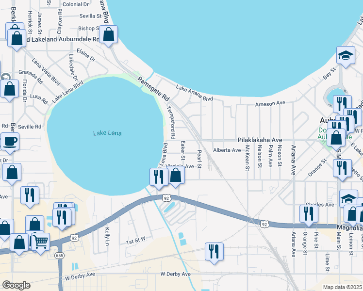 map of restaurants, bars, coffee shops, grocery stores, and more near 206 Eaker Street in Auburndale
