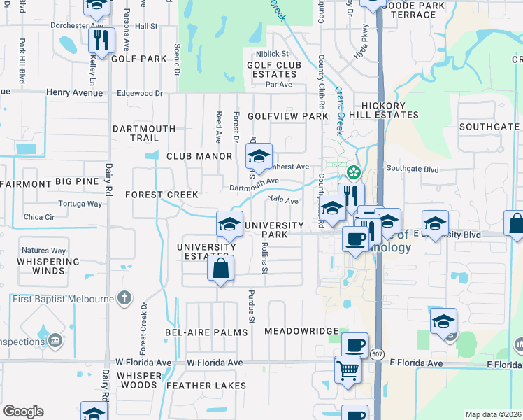 map of restaurants, bars, coffee shops, grocery stores, and more near 2908 Emory Street in Melbourne