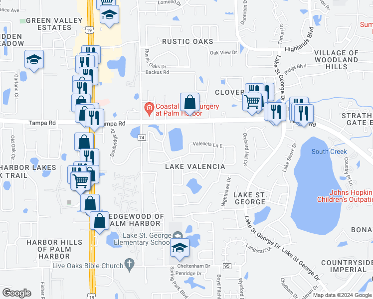 map of restaurants, bars, coffee shops, grocery stores, and more near 5001 Valencia Lane East in Palm Harbor
