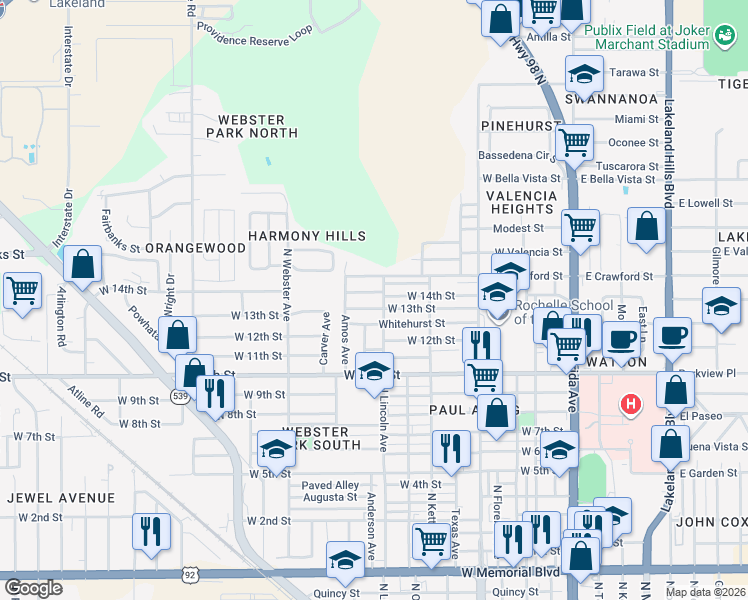 map of restaurants, bars, coffee shops, grocery stores, and more near 807 West 13th Street in Lakeland