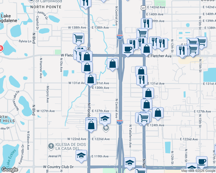 map of restaurants, bars, coffee shops, grocery stores, and more near 308 East 130th Avenue in Tampa