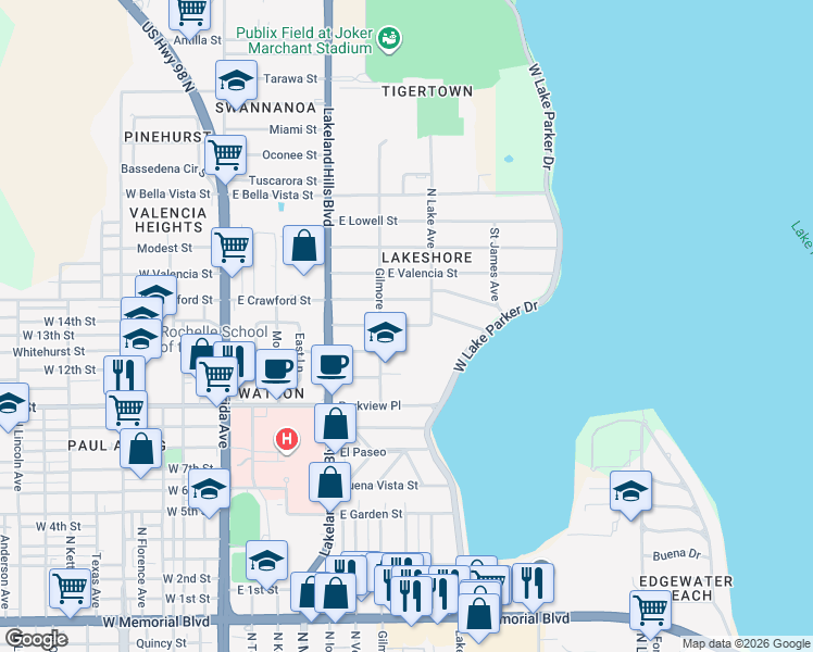map of restaurants, bars, coffee shops, grocery stores, and more near 741 Druid Street in Lakeland