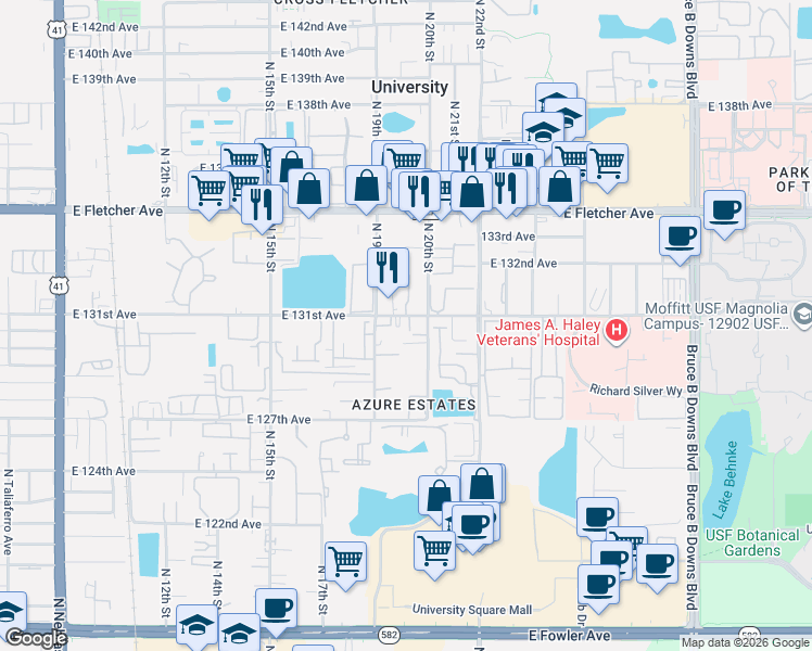 map of restaurants, bars, coffee shops, grocery stores, and more near 13042 North 20th Street in Tampa