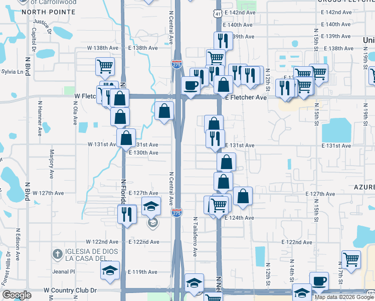 map of restaurants, bars, coffee shops, grocery stores, and more near 13107 Taliaferro Avenue in Tampa