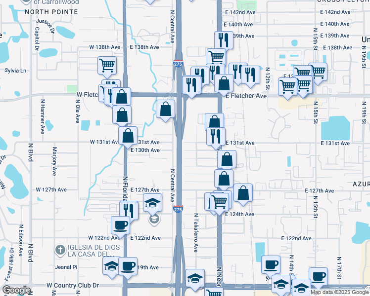 map of restaurants, bars, coffee shops, grocery stores, and more near 13107 Taliaferro Avenue in Tampa