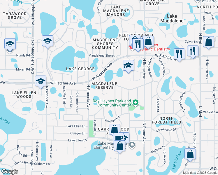 map of restaurants, bars, coffee shops, grocery stores, and more near 12928 Woodleigh Avenue in Tampa