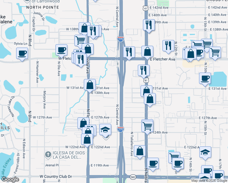 map of restaurants, bars, coffee shops, grocery stores, and more near 13002 North Central Avenue in Tampa