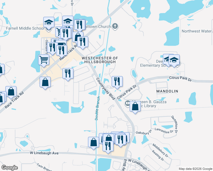 map of restaurants, bars, coffee shops, grocery stores, and more near 11373 Countryway Boulevard in Tampa