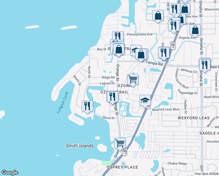 map of restaurants, bars, coffee shops, grocery stores, and more near 232 Pinecrest Drive in Palm Harbor