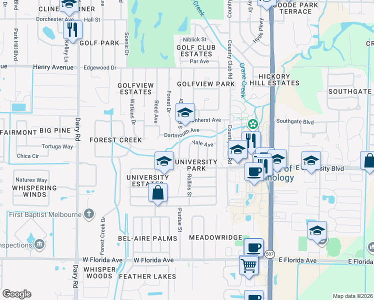 map of restaurants, bars, coffee shops, grocery stores, and more near 2906 Rollins Street in Melbourne