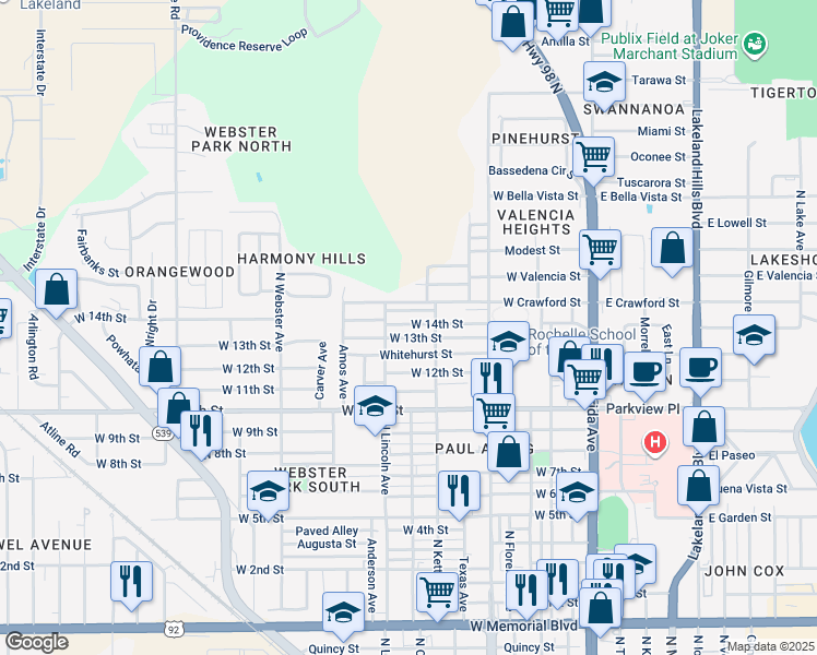 map of restaurants, bars, coffee shops, grocery stores, and more near 702 West 14th Street in Lakeland