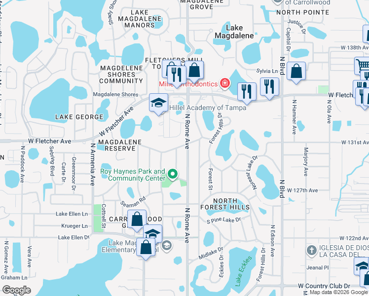 map of restaurants, bars, coffee shops, grocery stores, and more near 12932 North Rome Avenue in Tampa