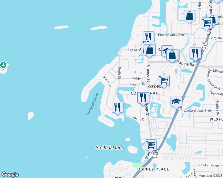 map of restaurants, bars, coffee shops, grocery stores, and more near 223 Shore Drive in Palm Harbor