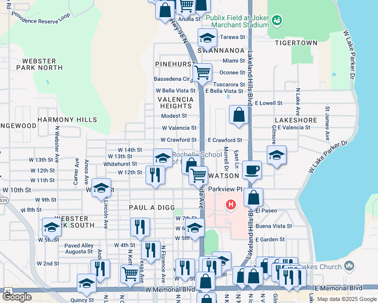 map of restaurants, bars, coffee shops, grocery stores, and more near 240 West 14th Street in Lakeland