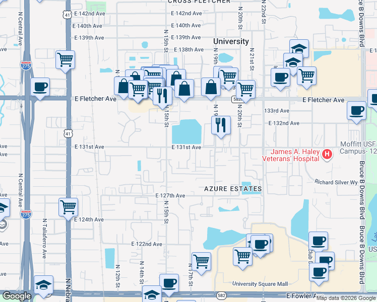 map of restaurants, bars, coffee shops, grocery stores, and more near 1511 East 131st Avenue in Tampa