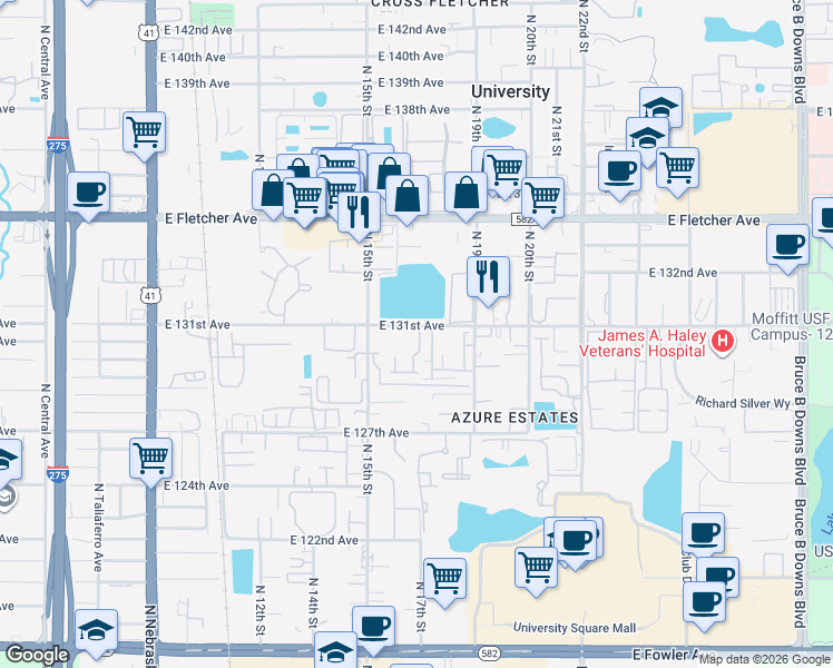 map of restaurants, bars, coffee shops, grocery stores, and more near 1511 East 131st Avenue in Tampa