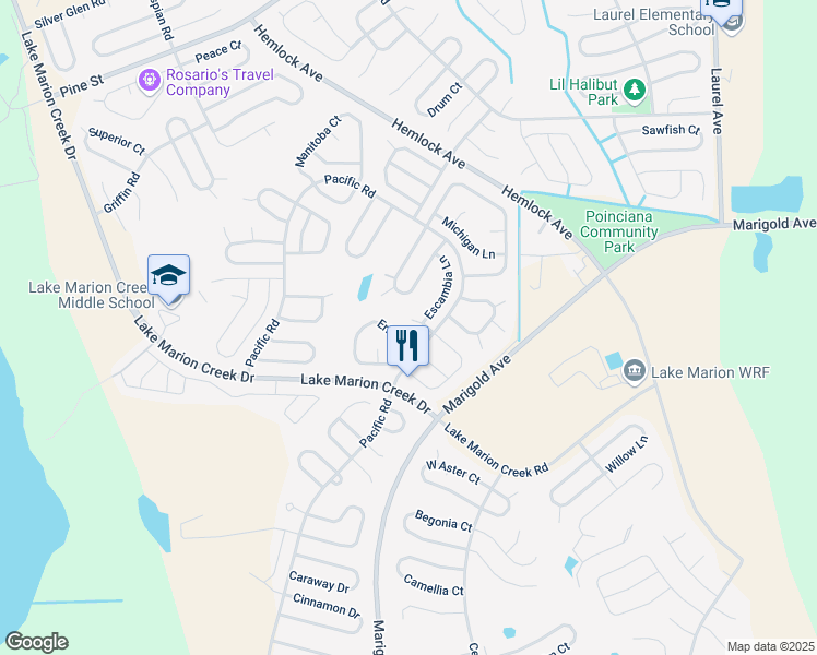 map of restaurants, bars, coffee shops, grocery stores, and more near 302 Escambia Way in Poinciana