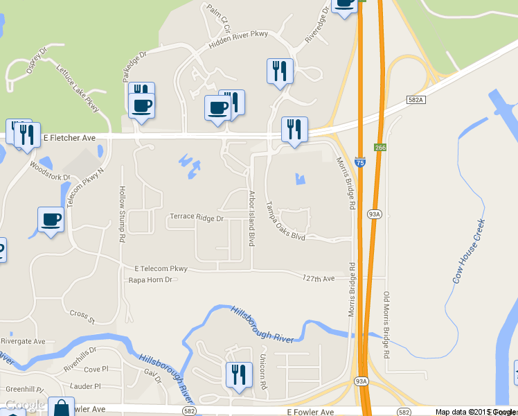 map of restaurants, bars, coffee shops, grocery stores, and more near 8801 East Fletcher Avenue in Tampa