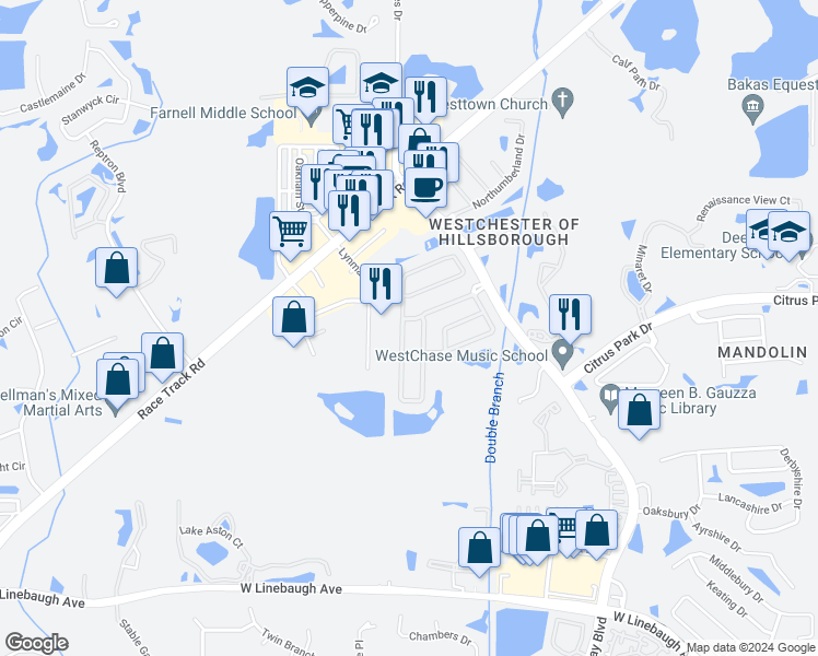 map of restaurants, bars, coffee shops, grocery stores, and more near 11343 Cypress Reserve Drive in Tampa
