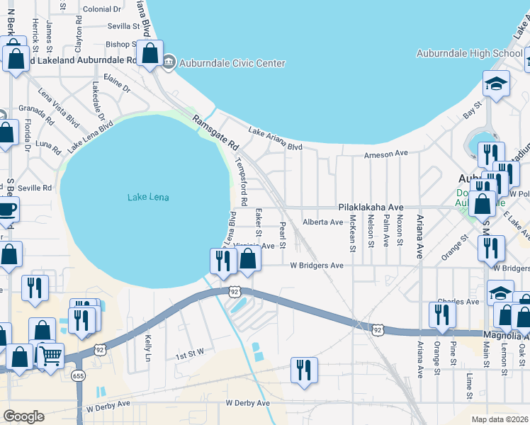 map of restaurants, bars, coffee shops, grocery stores, and more near 206 Eaker Street in Auburndale