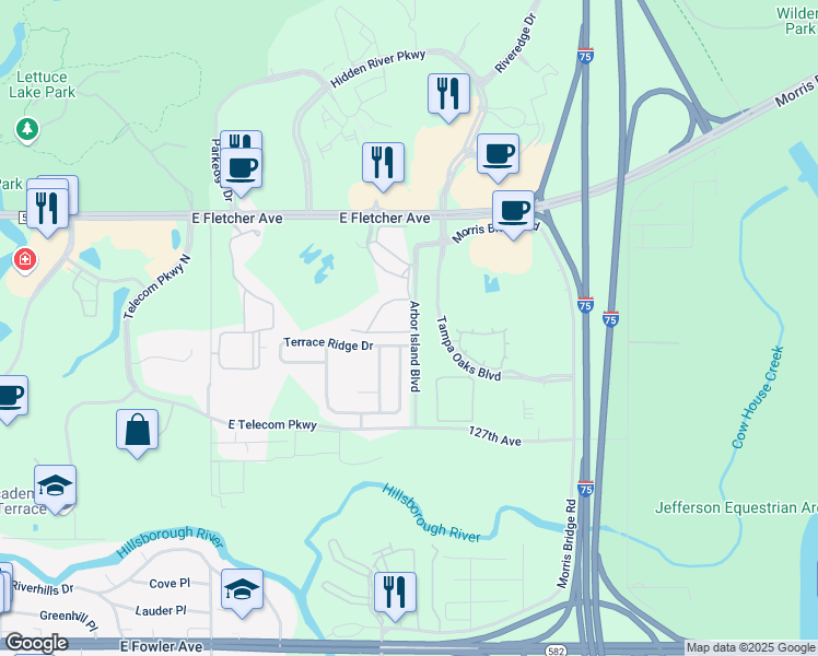 map of restaurants, bars, coffee shops, grocery stores, and more near 8801 East Fletcher Avenue in Tampa