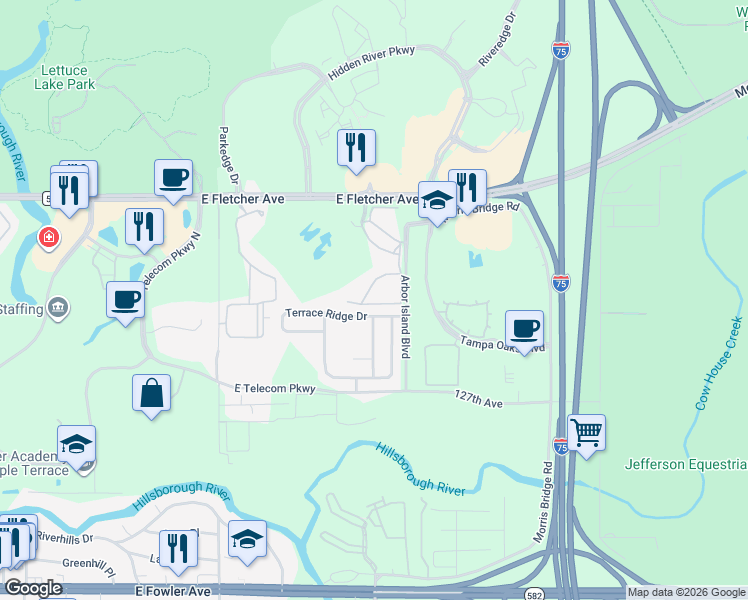 map of restaurants, bars, coffee shops, grocery stores, and more near 8030 Terrace Ridge Drive in Temple Terrace