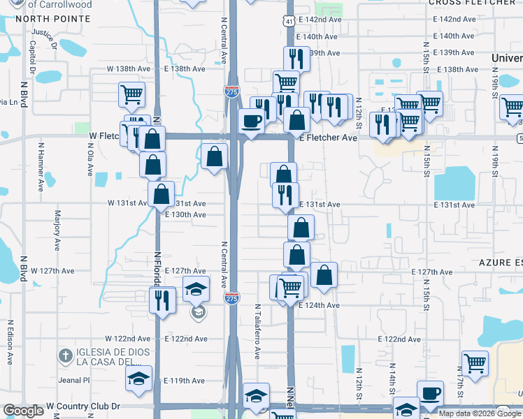 map of restaurants, bars, coffee shops, grocery stores, and more near 13107 Taliaferro Avenue in Tampa