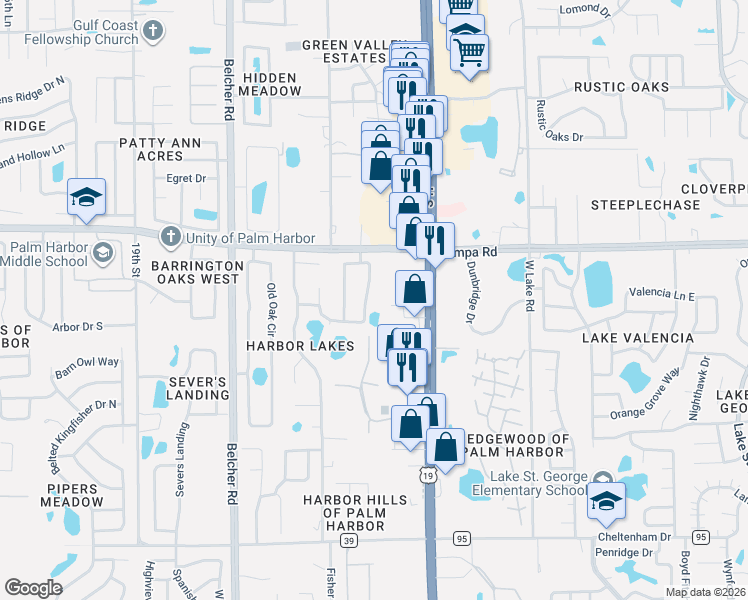 map of restaurants, bars, coffee shops, grocery stores, and more near 362 Mayfair Circle North in Palm Harbor