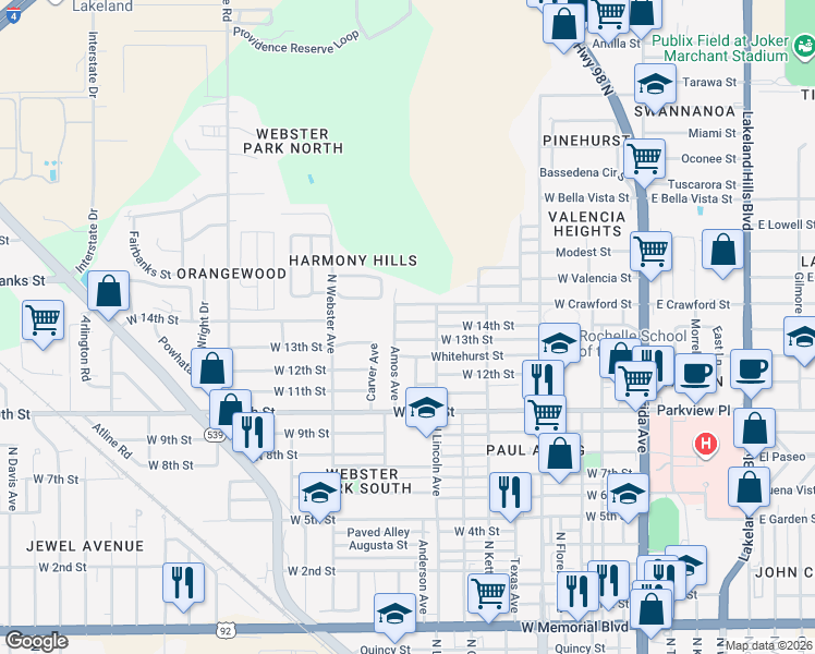 map of restaurants, bars, coffee shops, grocery stores, and more near 807 West 13th Street in Lakeland