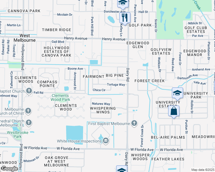 map of restaurants, bars, coffee shops, grocery stores, and more near 471 Tortuga Way in West Melbourne